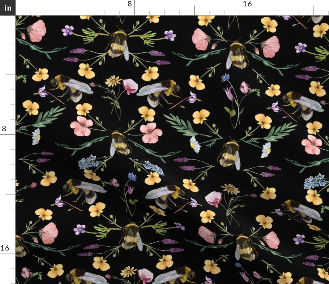 Watercolor Bees and Flowers - Geometric Wildflowers  - black 