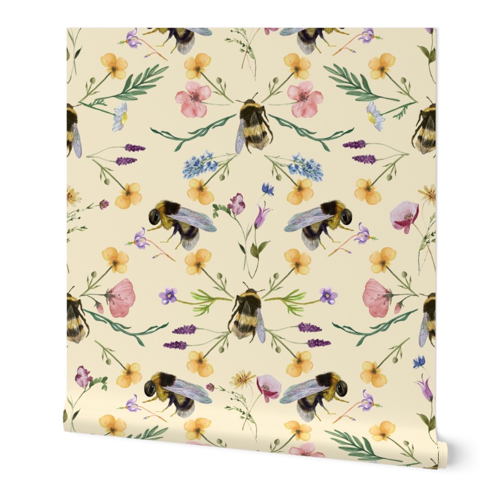 Watercolor Bees and Flowers - Geometric Wildflowers  - yellow