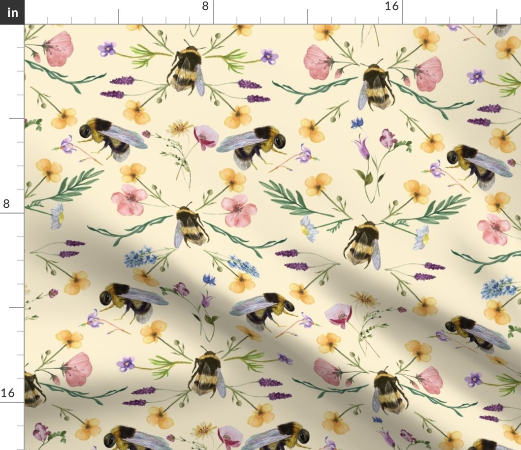 Watercolor Bees and Flowers - Geometric Wildflowers  - yellow