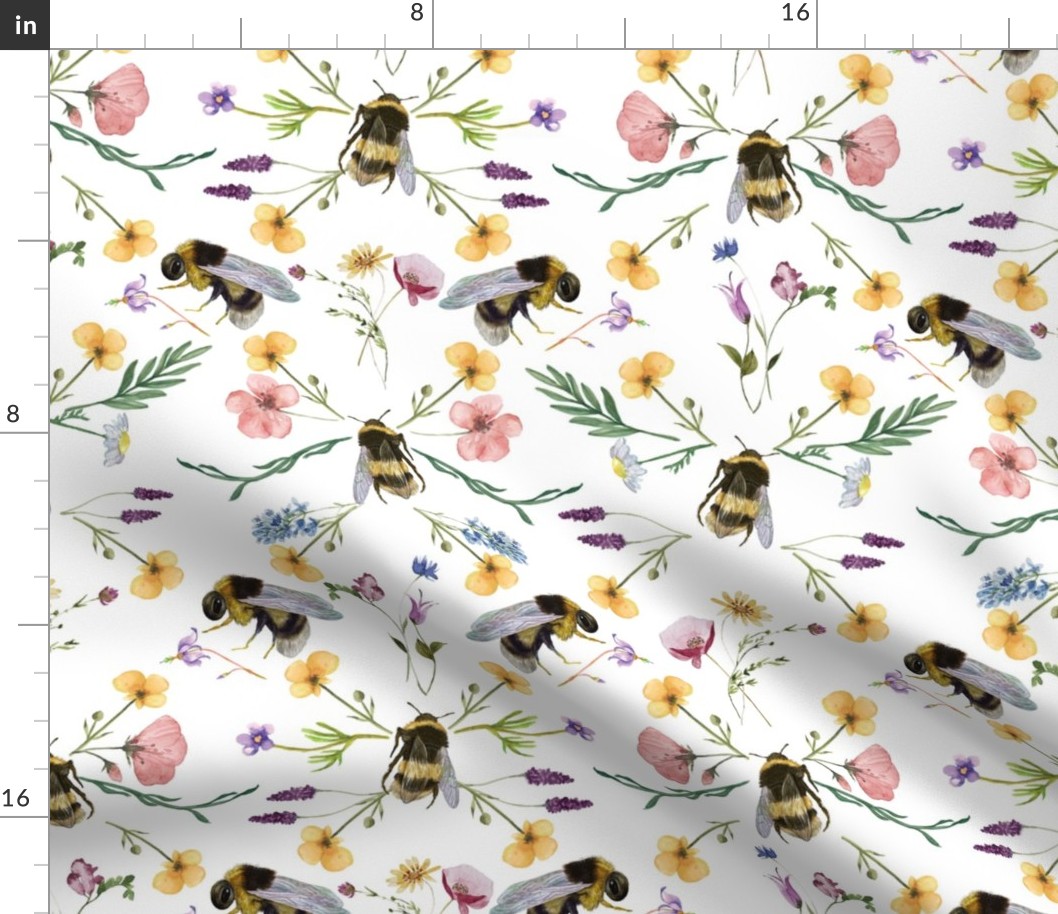 14" Watercolor Bees and Flowers - Geometric Wildflowers - white 