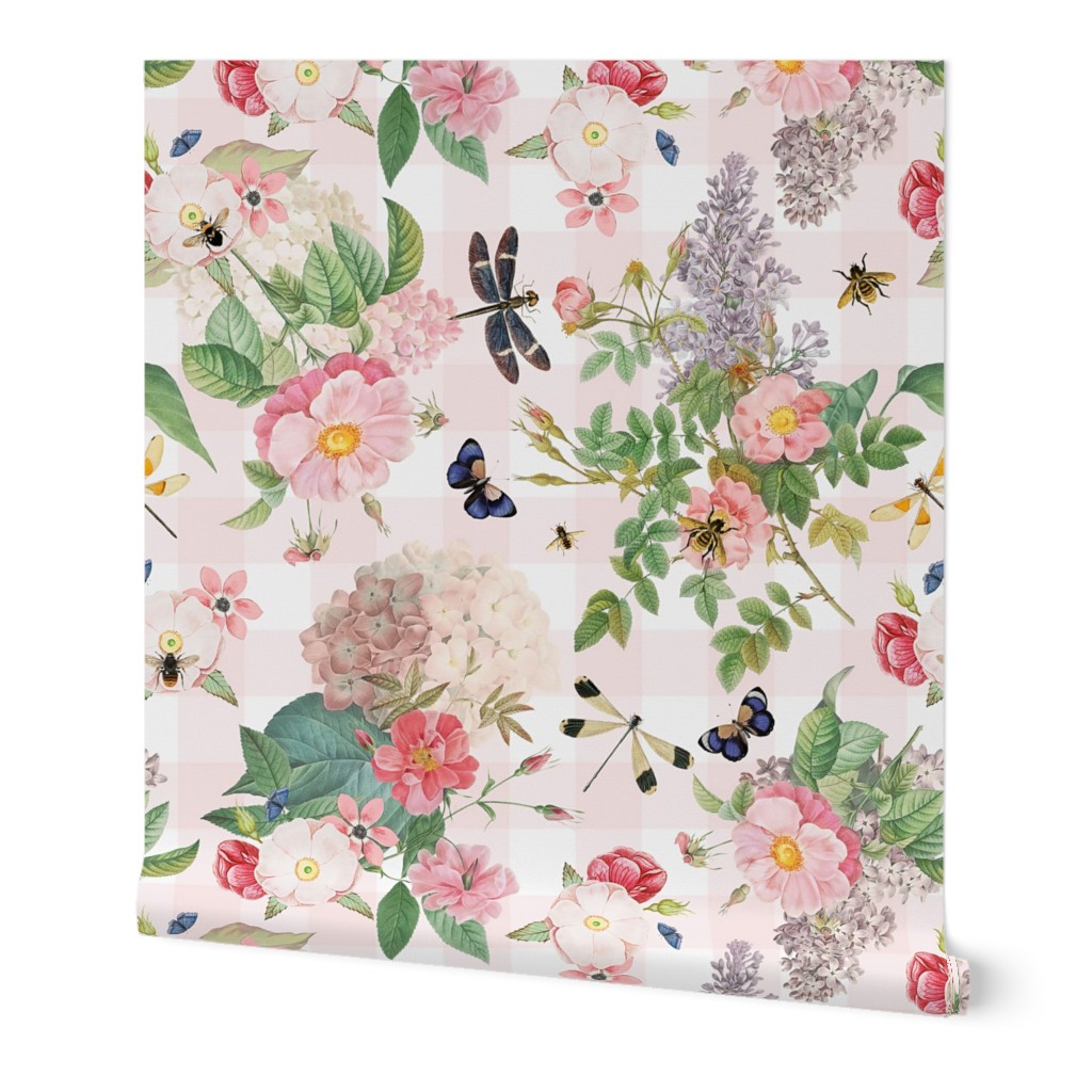 Antique Rococo Flowers Roses  Flying Insects And Butterflies on Romantism pink and white gingham