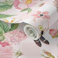 Antique Rococo Flowers Roses  Flying Insects And Butterflies on Romantism pink and white gingham