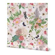 Antique Rococo Flowers Roses  Flying Insects And Butterflies on Romantism pink and white gingham