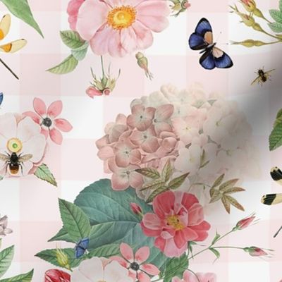 Antique Rococo Flowers Roses  Flying Insects And Butterflies on Romantism pink and white gingham