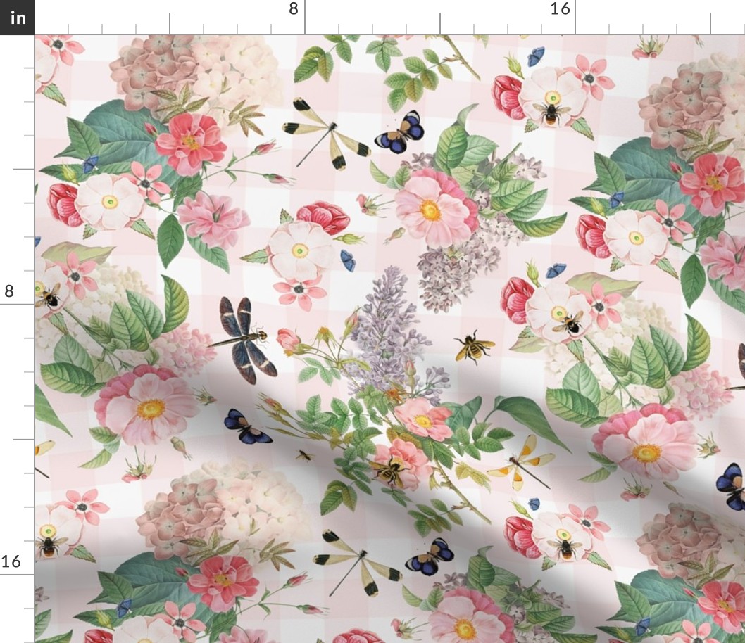 Antique Rococo Flowers Roses  Flying Insects And Butterflies on Romantism pink and white gingham