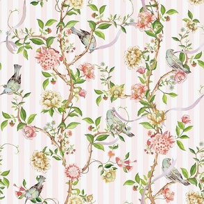  Antique Rococo Chinoiserie Flower Peony Trees With  nostalgic  Flying Birds And Butterflies on pink and white Stripes- Marie Antoinette Chinoiserie inspired