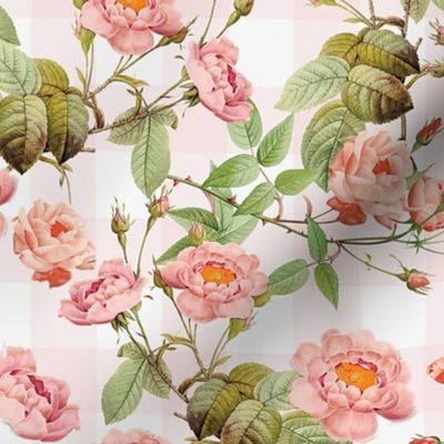 Antique Rococo Flowers Roses on pink and white gingham