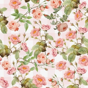Antique Rococo Flowers Roses on pink and white gingham
