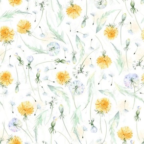 Vintage  Dandelions And Leaves Wildflower Meadow - white double layer