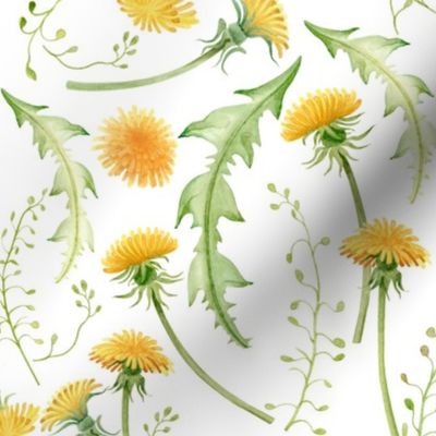 Vintage  Dandelions And Leaves Wildflower Meadow 1 - white