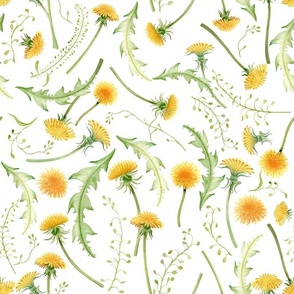 Vintage  Dandelions And Leaves Wildflower Meadow 1 - white