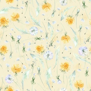 Vintage  Dandelions And Leaves Wildflower Meadow - yellow
