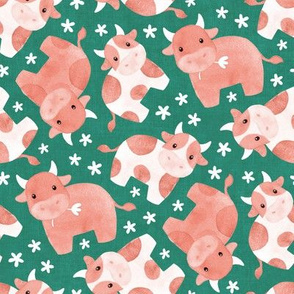 Cute Cows with Ditsy Daisies - peach pink and white on green