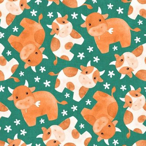 Cute Cows with Ditsy Daisies - orange, white, and green