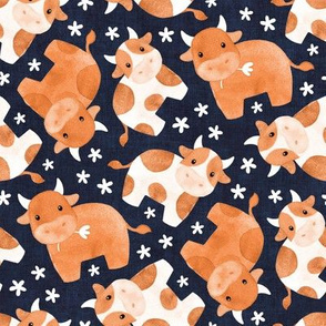 Cute Cows with Ditsy Daisies - on dark navy denim 