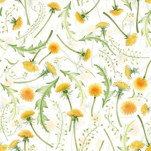 Vintage  Dandelions And Leaves Wildflowers Meadow 1- white double layer