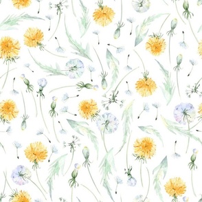 Vintage  Dandelions And Leaves Wildflower Meadow - white