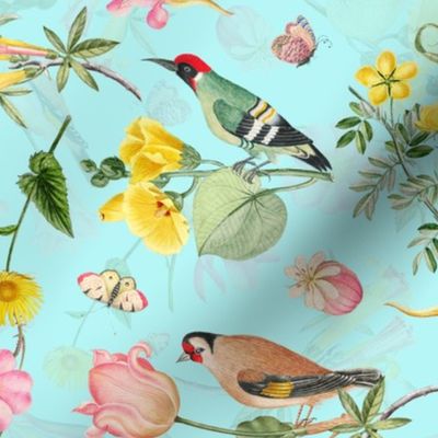 18" Antique Summer Flowers And Birds - turqouise