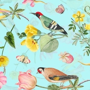 18" Antique Summer Flowers And Birds - turqouise