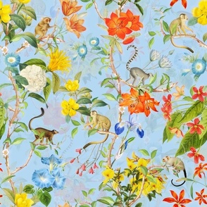 Antique Rococo Chinoiserie Flower Jungle Tropical Exotic Trees With Climbing Monkeys, nostalgic baby  blue double layer