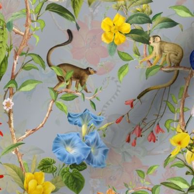 Antique Rococo Chinoiserie Flower Jungle Tropical Exotic Trees With Climbing Monkeys grey double layer