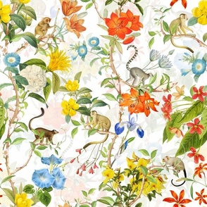 Antique Rococo Chinoiserie Flower Jungle Tropical Exotic Trees With Climbing Monkeys white double layer
