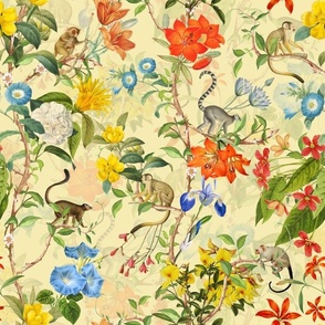 Antique Rococo Chinoiserie Flower Jungle Tropical Exotic Trees With Climbing Monkeys yellow  double layer,Vintage home decor, antique wallpaper,
