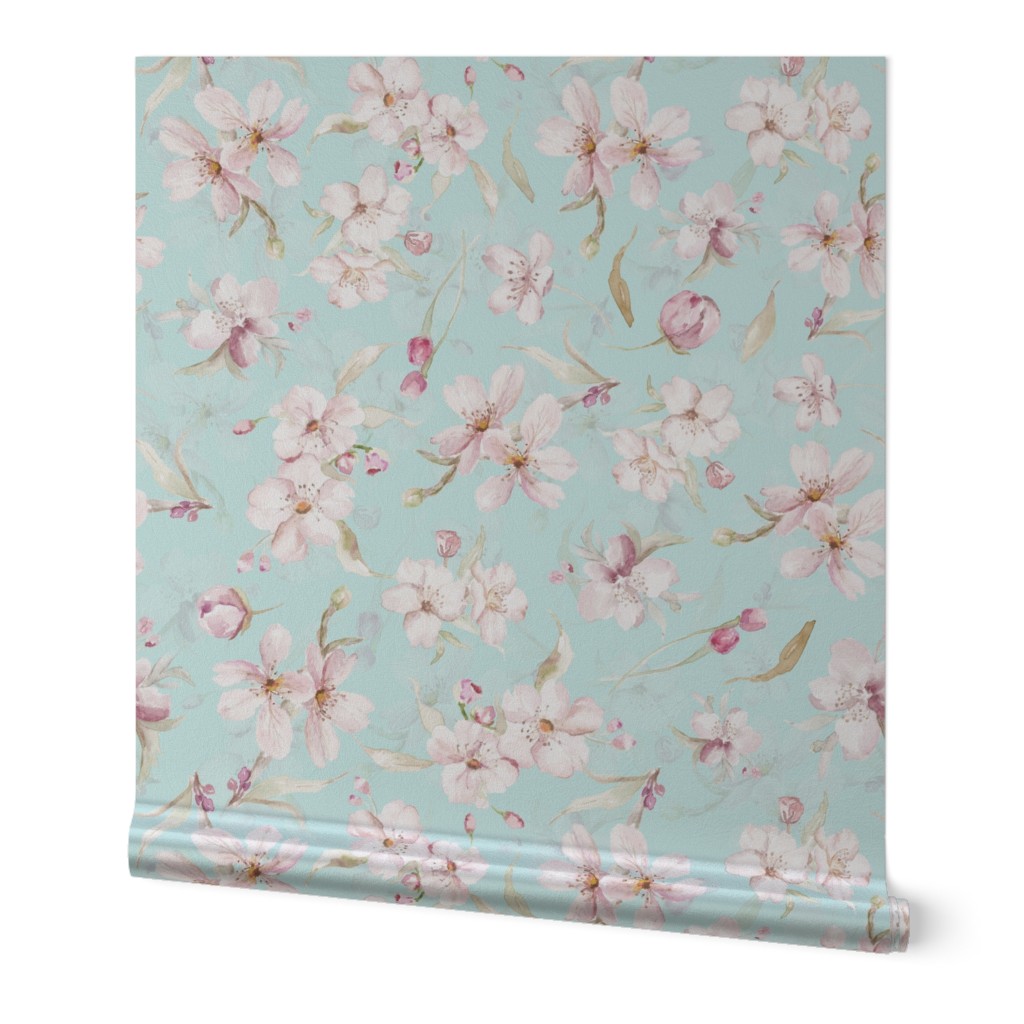 Watercolor Spring Flowers Cherry Blossoms, Cherry Blossom Pattern, Spring Pattern, double layer on light blue 