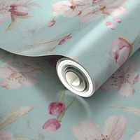 Watercolor Spring Flowers Cherry Blossoms, Cherry Blossom Pattern, Spring Pattern, double layer on light blue 