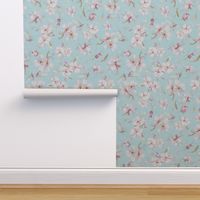Watercolor Spring Flowers Cherry Blossoms, Cherry Blossom Pattern, Spring Pattern, double layer on light blue 