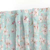 Watercolor Spring Flowers Cherry Blossoms, Cherry Blossom Pattern, Spring Pattern, double layer on light blue 