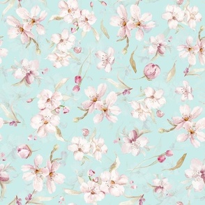 Watercolor Spring Flowers Cherry Blossoms, Cherry Blossom Pattern, Spring Pattern, double layer on light blue 