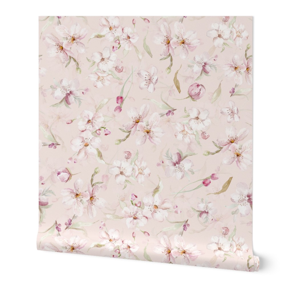 Watercolor Spring Flowers Cherry Blossoms, Cherry Blossom Pattern, Spring Pattern, double layer on blush pink 