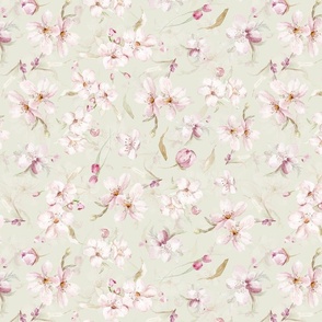 Watercolor Spring Flowers Cherry Blossoms, Cherry Blossom Pattern, Spring Pattern, double layer on green