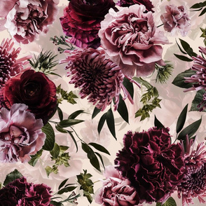 Vintage Real Moody Florals - Dark Roses And chrysantems- blush double layer