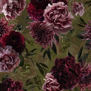 Vintage Real Moody Florals - Dark Roses And chrysantems - green - double layer