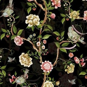 Antique Rococo Chinoiserie Flower Peony Trees With Flying Birds And Dark Moody Floral Butterflies double layer black- Marie Antoinette Chinoiserie inspired