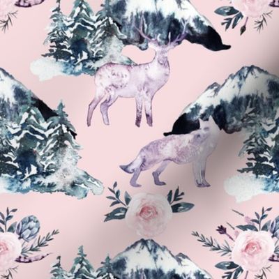 7" Bohemian Landscape with Wolf and flowers blush