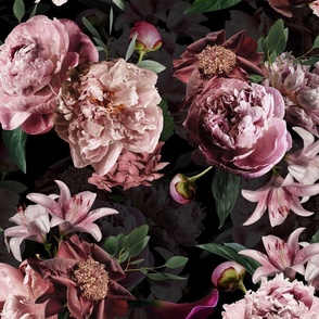 Real Peonies and Tropical flowers - Dark Moody Floral nostalgic black,