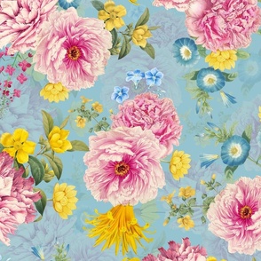 Pierre-Joseph Redouté Roses Pink Peony and Blue Ipomea And Other Tropical Yellow Flowers blue double layer