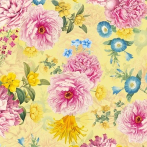 Pierre-Joseph Redouté Roses Pink Peony and Blue Ipomea And Other Tropical Yellow Flowers yellow double layer