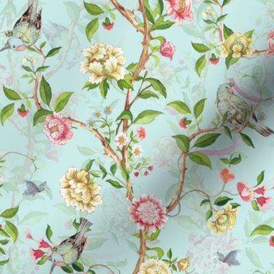 Antique Rococo Chinoiserie Flower Peony Trees With Flying Birds And Butterflies light blue double layer- Marie Antoinette Chinoiserie inspired