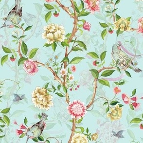 Antique Rococo Chinoiserie Flower Peony Trees With Flying Birds And Butterflies light blue double layer- Marie Antoinette Chinoiserie inspired