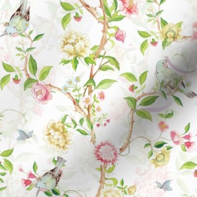 Antique Rococo Chinoiserie Flower Peony Trees With Flying Birds And Butterflies white double layer- Marie Antoinette Chinoiserie inspired