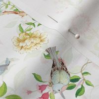 Antique Rococo Chinoiserie Flower Peony Trees With Flying Birds And Butterflies white double layer- Marie Antoinette Chinoiserie inspired