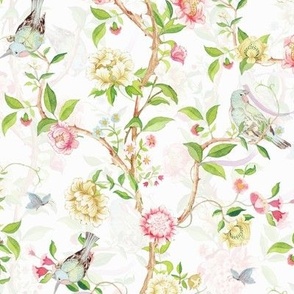 Antique Rococo Chinoiserie Flower Peony Trees With Flying Birds And Butterflies white double layer- Marie Antoinette Chinoiserie inspired