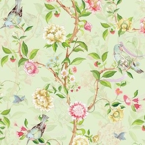 Antique Rococo Chinoiserie Flower Peony Trees With Flying Birds And Butterflies light green double layer- Marie Antoinette Chinoiserie inspired