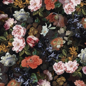Flemish Vintage Dark Night Romanticism:Maximalism Moody Florals- Antiqued Pink Roses With White peonies, red tulips poppies and springflowers Bouquets Nostalgic - Gothic Mystic Night-  Antique Botany Wallpaper and Victorian Goth Mystic inspired sepia