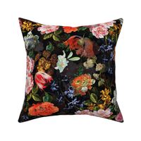 Flemish Vintage Dramatic Glamour Dark Night Romanticism:Maximalism Moody Florals- Antiqued Pink Roses With White peonies, red tulips poppies and springflowers Bouquets Nostalgic - Gothic Mystic Night-  Antique Botany Black Wallpaper and Victorian Goth Mys