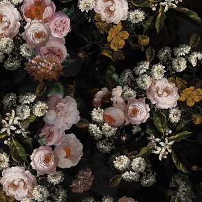 Flemish Vintage Dark Night Romanticism:Maximalism Moody Florals- Antiqued Pink Roses With White chamomile Bouquets Nostalgic - Gothic Mystic Night-  Antique Botany Wallpaper and Victorian Goth Mystic inspired-  on black